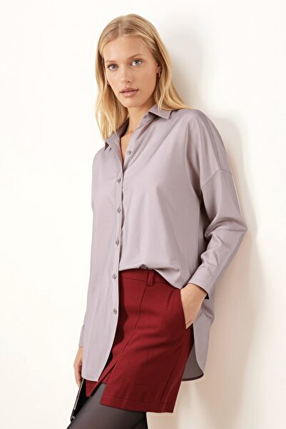 armonika Women's Beige Oversize Long Basic Shirt ARM-22Y001118