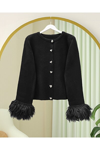 Modamorfo Heart Buttoned Sleeve Fringed Knit Cardigan -Black