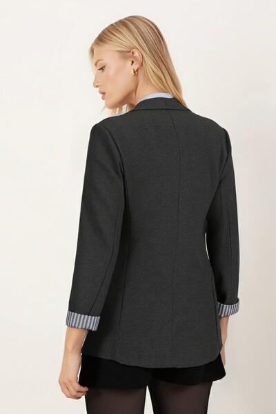 armonika Women's Dark Khaki Striped Inside Sleeve Single Button Jacket Arm-22K001122