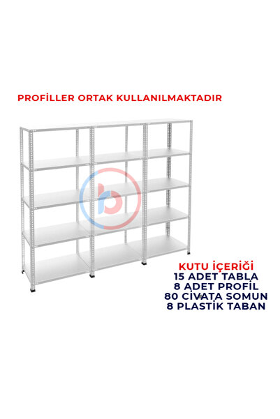 RafBurada 5 Katlı 3'lü Galvaniz Çelik Raf - Depo, Arşiv, Kiler, Dosya, Market Rafı 43x60 cm-200 cm-0.70 mm