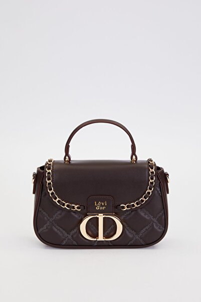 Levidor Quilted Embroidery and Chain Knit Detail Long Strap Medium Size Women's Hand and Shoulder Bag Lv930582 Dark Brown