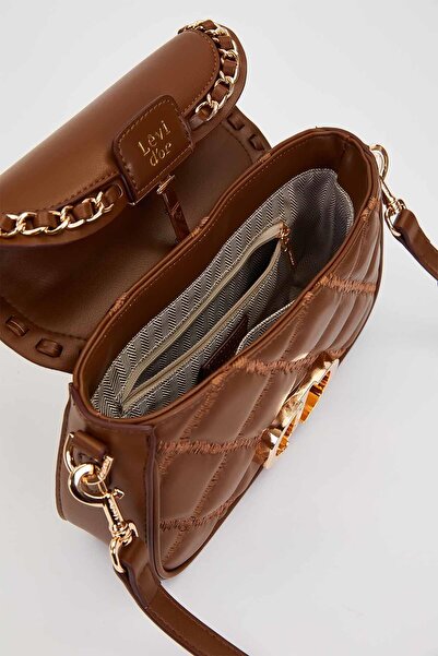 Levidor Quilted Embroidery and Chain Knit Detail Long Strap Medium Size Women's Hand and Shoulder Bag Lv930582 Brown