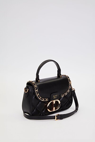 Levidor Quilted Embroidery and Chain Knit Detail Long Strap Medium Size Women's Hand and Shoulder Bag Lv930582 Black