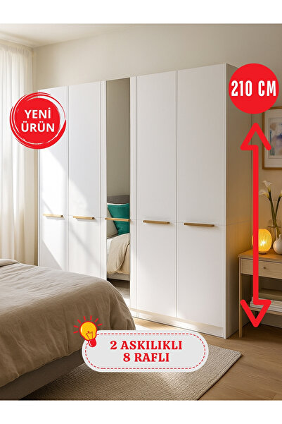 dorpek Cosmos 5 Kapaklı Aynalı Gardırop 206 cm – Geniş İç Hacimli, Modern Beyaz Dolap