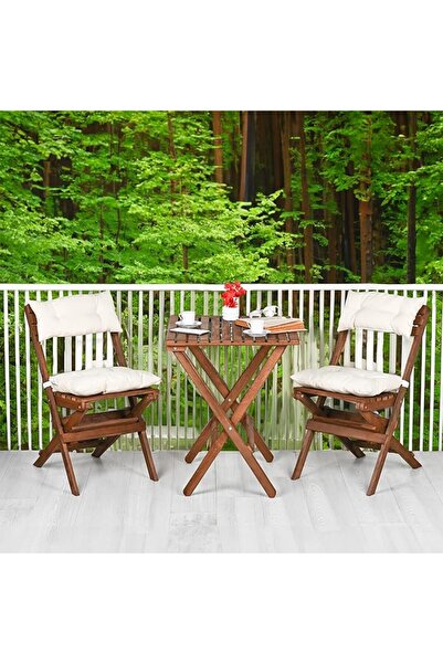 Genel Markalar AHŞAP KATLANIR MİNDERLİ 3 lü BİSTRO SET MUTFAK BALKON BAHÇE MASA SANDALYE SETİ (CEVİZ-KREM)