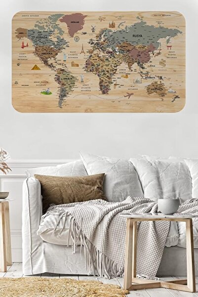 Genel Markalar Sepeti Ahşap Görünümlü Türkce Eğitici Detaylı Atlası Dekoratif Dünya Duvar Sticker 3844