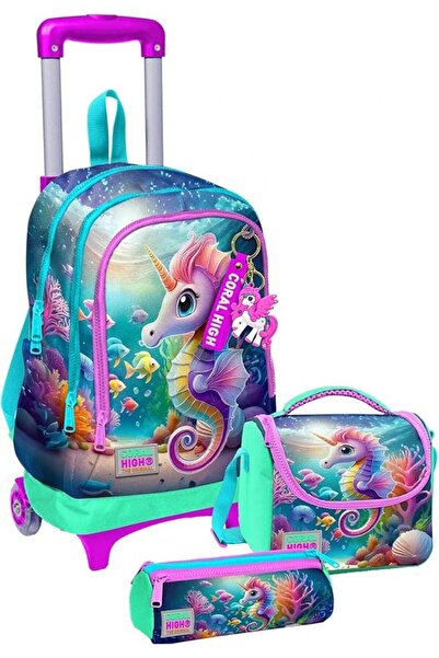 Genel Markalar High Çekçek Tekerlekli Kız Çocuk, Su Yeşili Denizatı, İlkokul Üçlü Okul Çanta Seti