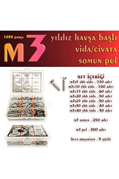 Genel Markalar Parça M3 Yıldız Havşa Başlı Vida Civata Somun Pul Seti
