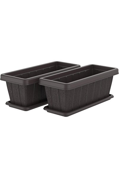 Cosmoplast Cedar Wood-Look Rectangular Plant Pot with Saucer, 18-inch (45.7 cm), Set of 2, Dark Brow