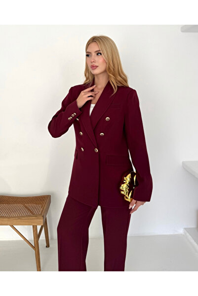 deqfashion Women's Burgundy Double-Breasted Button Blazer Jacket Pants Set