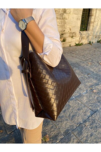 H&D COLLECTİON Serrated Faux Leather Buckle Detailed Tan Large Size Women's Shopper Shoulder Bag