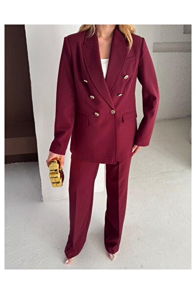 deqfashion Women's Burgundy Double-Breasted Button Blazer Jacket Pants Set