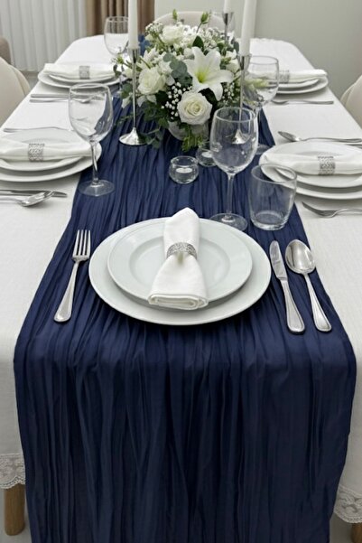 Gülce Home Collection Sofia Tül Runner Masa Örtüsü I Düğün,Nişan,Doğum Günü,Parti,Yılbaşı ve Özel Gün Süslemesi Lacivert