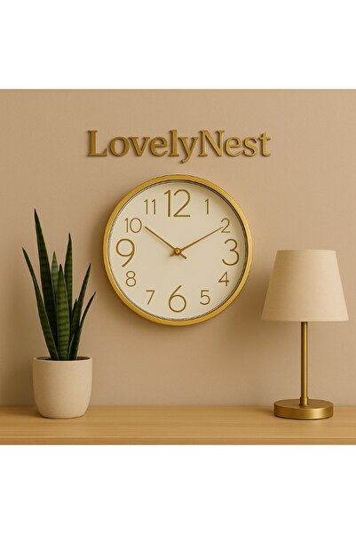 LovelyNest EXCULUSİVE GOLD ÇERÇEVE BEJ KADRAN DUVAR SAATİ