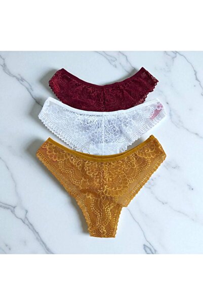 aldyoo Chiloți brazilian din 3 piese, alb, muștar, burgundă, cu detaliu din tul din dantelă