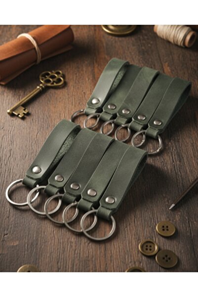 E&F Takı 10 Pcs Khaki Green Genuine Real Leather Key Chain Gift Keyring Accessory