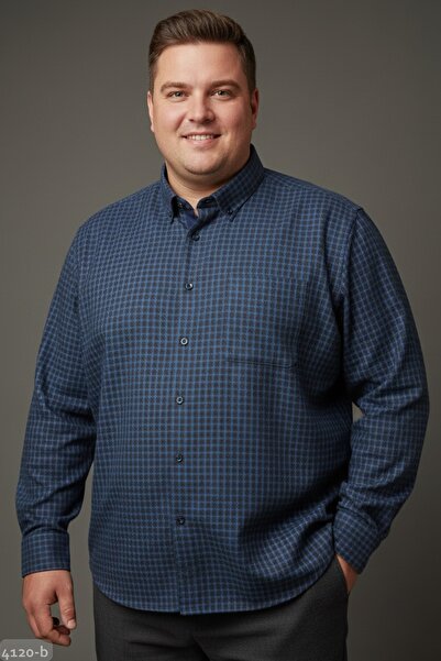 Zermon Büyük Beden Kalın Sonbahar - Kışlık Desenli Antrasit Canlı Mavi Kareli...