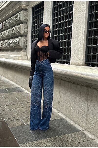 MEECY Pantaloni de damă Jean talie înaltă Palazzo Stretch din denim