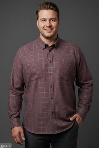 Zermon Büyük Beden Kalın Sonbahar - Kışlık Çift Cepli Vişne Mürdüm Kareli Erk...