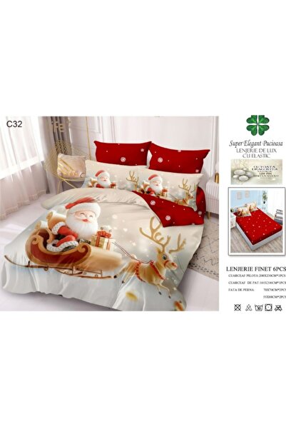 Super Elegant Pucioasa Cotton 6-piece bed linen set for 2, fitted sheet 180x200, duvet 200x230, 4 pillowcases, Santa & Rein