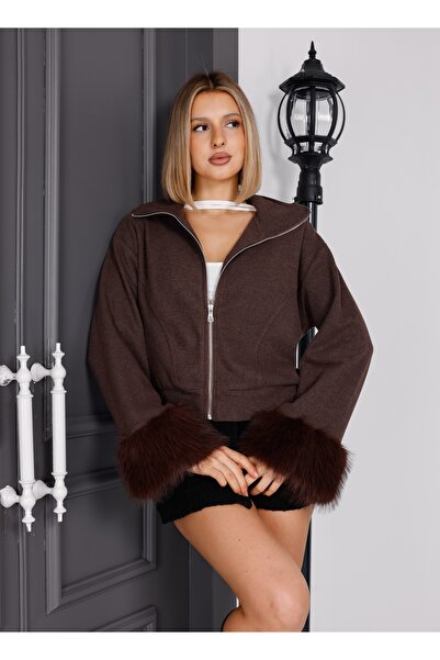 EsSo butik Brown Zippered Sleeves Fur Detailed Thessaloniki Knitwear Short Cardigan
