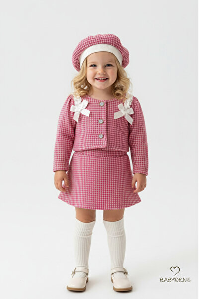BABYDEN'S Baby Girl Houndstooth Patterned Skirt, Jacket, Hat Set, Lumberjack Fabric Winter 3-Piece Combination with Buttons and Bows