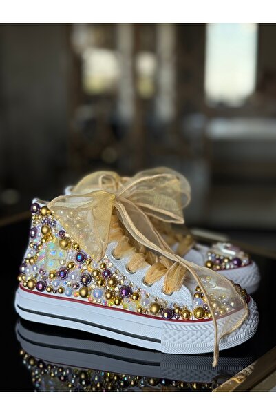 kiddos.ro Tenisi eleganți fete cu perle aurii și fundă din organza Goldie - H...