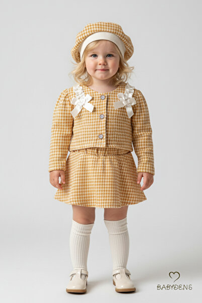 BABYDEN'S Girl's Houndstooth Patterned Skirt Jacket Set and Hat, Lumberjack Fabric 3-Piece Combination with Stylish Buttons and Bows
