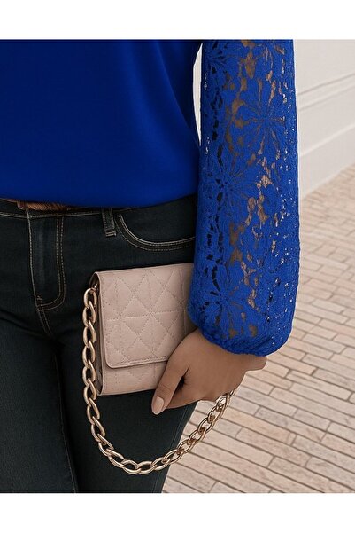 buğrahayalin Women's Long Sleeve Asymmetrical Collar Lace Imported Crepe Blouse