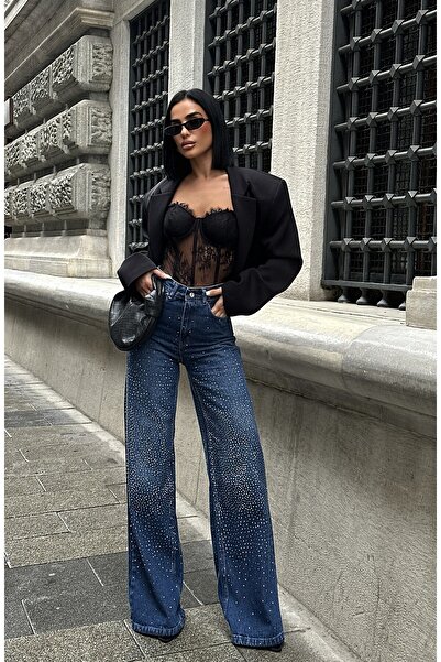 MEECY Pantaloni de damă Jean talie înaltă Palazzo Stretch din denim