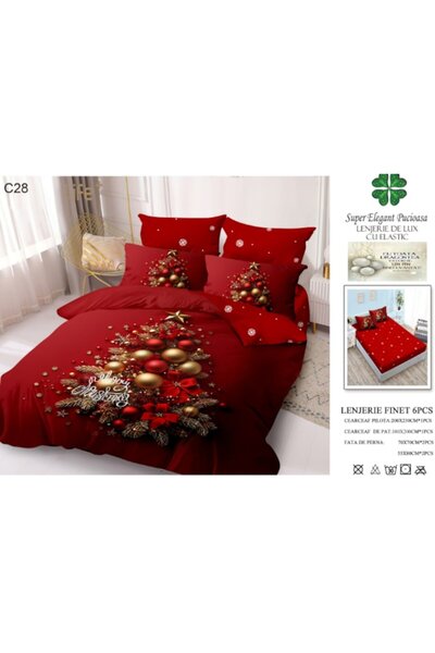 Super Elegant Pucioasa Bed Linen Cotton 2-Person, Fitted Sheet 180x200, Duvet Cover 200x230, 4 Pillowcases, 6-Piece Christm