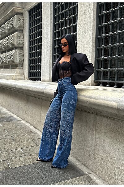 MEECY Pantaloni de damă Jean talie înaltă Palazzo Stretch din denim