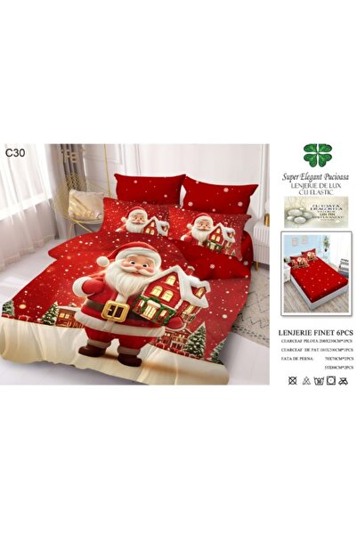 Super Elegant Pucioasa Cotton 6-piece Bed Linen (Double) - Fitted Sheet 180x200, Duvet 200x230, 4 Pillowcases - Red Santa H
