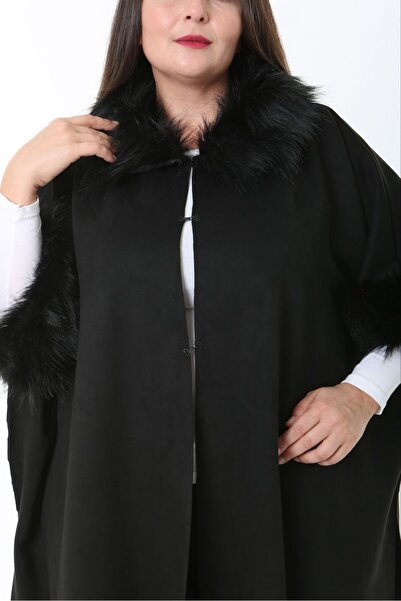 Butik Nilyam Women's Plus Size Collar Ankle Fur Detailed Suede Coat Jacket Poncho 25031 Black