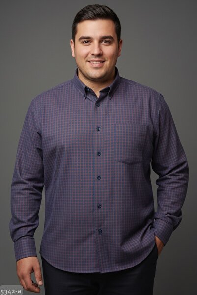 Zermon Büyük Beden Kalın Sonbahar - Kışlık Desenli Kırmızı Lacivert Kareli Er...