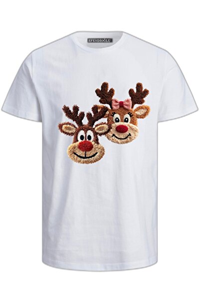 Efendioğlu Design 2 geyik nakış görüntüsü baskılı kısa kollu yılbaşı yeni yıl...