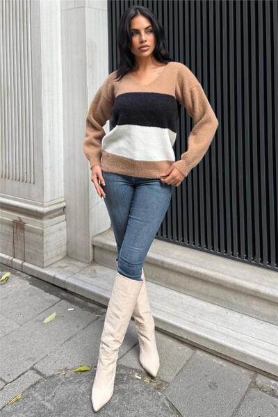 WeShaya Mink striped v-neck sweater