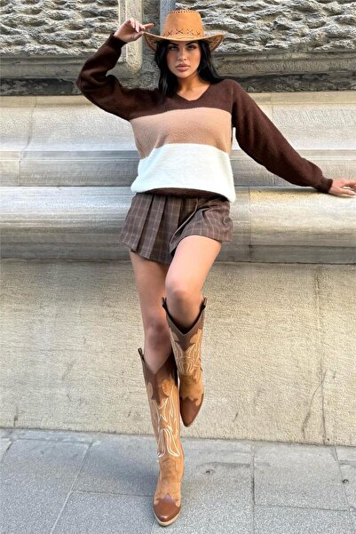 WeShaya Coffee striped v-neck sweater