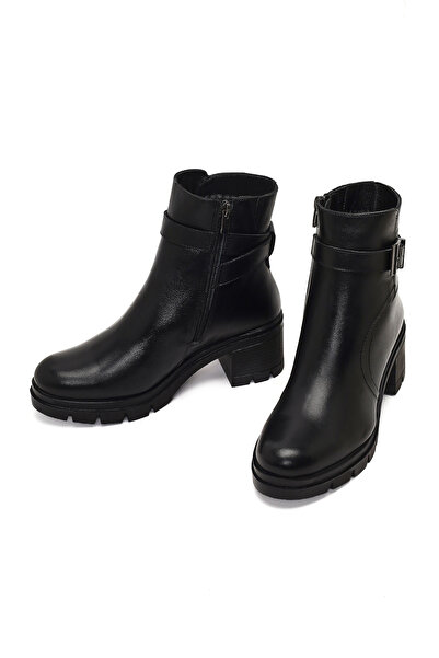 Derimod Women's Black Zippered Thick Heeled Leather Boots 25Wfd414118