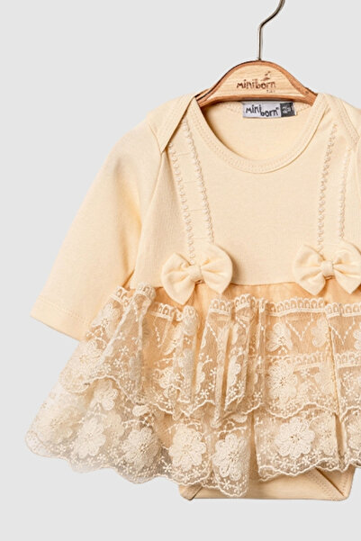 MİNİBORN 3617 Baby Girl Long Sleeve Lace Powder Romper with Ribbon Detail Dress and Headband Set