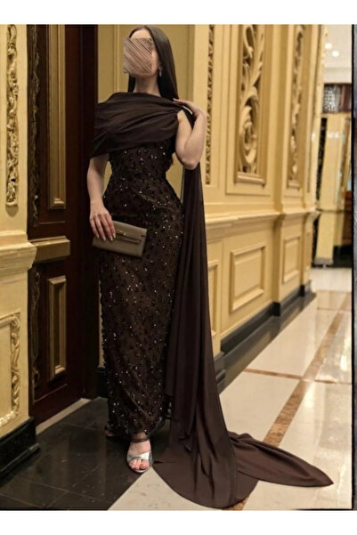 Nmd فستان سهرة فاخر مطرز بالترتر مع شيفون منسدل طويل للحفلات والمناسبات الخاصة لون شوكولاتة