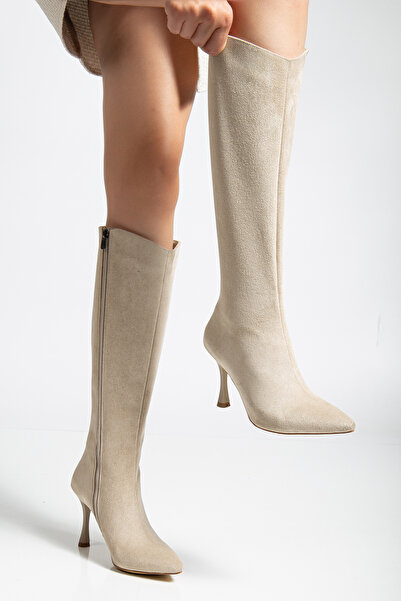 MS SUGAR SHOES Selecto Women's Black Suede Zippered Heeled Long Boots Pointed Toe Vegan Leather