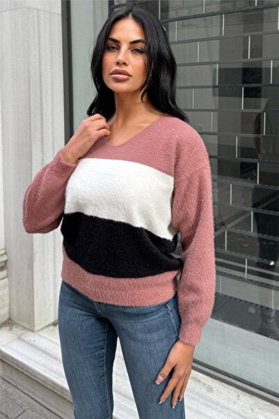 WeShaya Πουλόβερ με λαιμόκοψη σε σχήμα V με ρίγες από αποξηραμένο γούνα