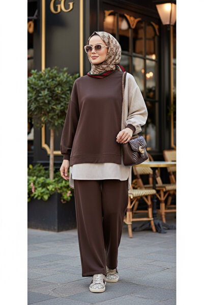 Aselim Hijap Moda Striped Shirt Detailed Tunic Double Suit |   Pocketed Wide Leg Light Brown