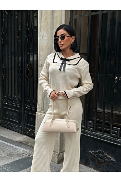 MEECY Shirt Collar Bow Detail Bottom Top Knitwear Set