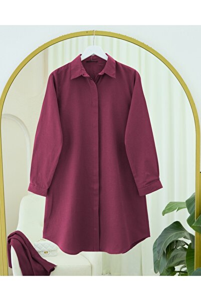 Modamorfo Oval Cut Long Shirt with Hidden Buttons - Burgundy