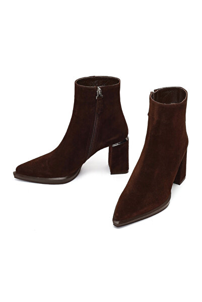 Derimod Kadın Kahverengi Fermuarlı Süet Deri Kalın Topuklu Bot 25WFD131010