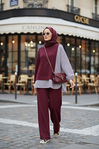 Aselim Hijap Moda Striped Shirt Detailed Tunic Double Suit |   Pocketed Wide Leg Burgundy