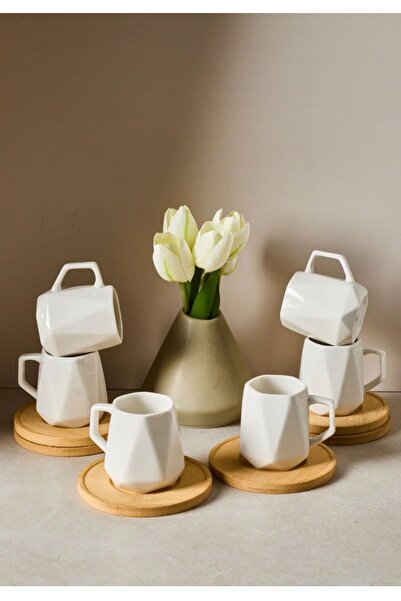 Store Bambu Tabaklı 12 Parça Türk Kahvesi Porselen Fincan Takımı