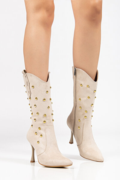 MS SUGAR SHOES Women's Gold Vegan Suede Studded Detailed Pointed Toe Thin Heeled Cowboy Boots